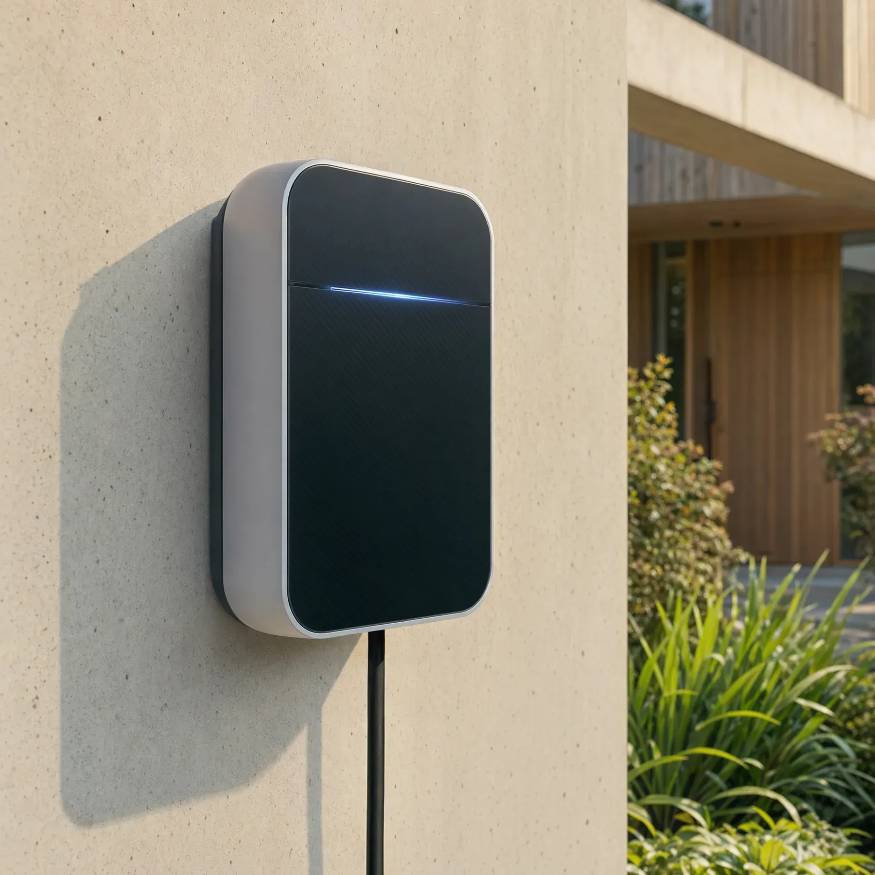 Mutter und Kind an einer Wallbox vor modernem Haus mit Elektroauto