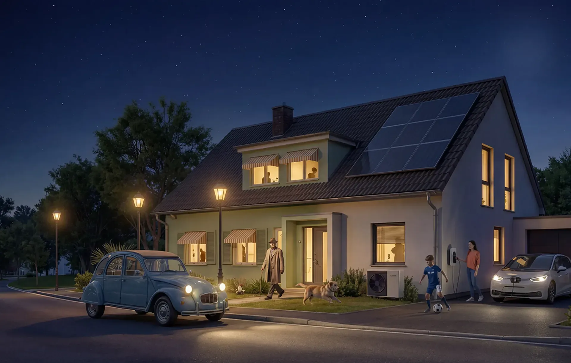 Visualisierung eines vernetzten Hausenergie-Systems bei Nacht